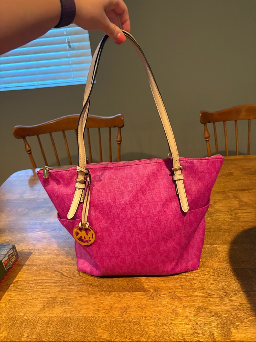 Michael Kors Hot Pink Logo Tote with Cream Handles